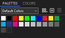 The PALETTES page in Dark Theme with its palette selector, commands and reusable color swatches