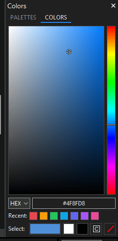 The Colors page showing the color field, Hue strip, HEX value, Recent colors, and Select controls