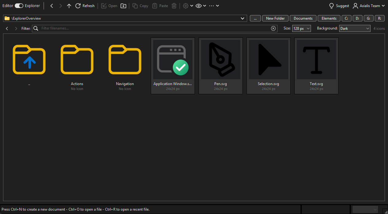 Icon Explorer showing its reactive Control Bar, folder path, navigation controls, folders, and SVG icons