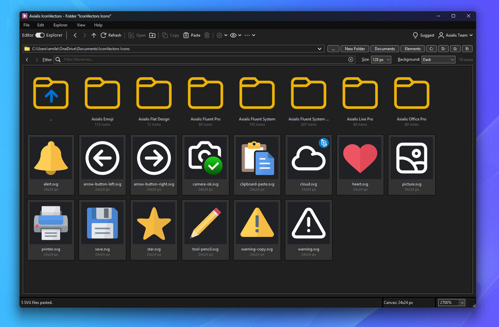 IconVectors 2.00 Icon Explorer on the folder IconVectors Icons: an address bar with browse, New Folder, Documents, Elements and drive buttons, Back and Forward, a Filter box, Size 128 px and Background Dark controls, a row of subfolders with icon counts, and a grid of 24x24 px SVG tiles with cloud.svg marked by the blue Open in Editor badge