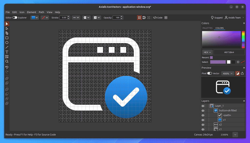 IconVectors 2.00 for Linux editing application-window.svg at 2300% zoom, a white window outline with a blue check badge on a 24x24 canvas, with the Colors pane open on its COLORS page: color field, hue strip, HEX value #875BA4, a recent swatch, and the Select row with the defined color, white, black, currentColor and none, above the Preview and Layers panes