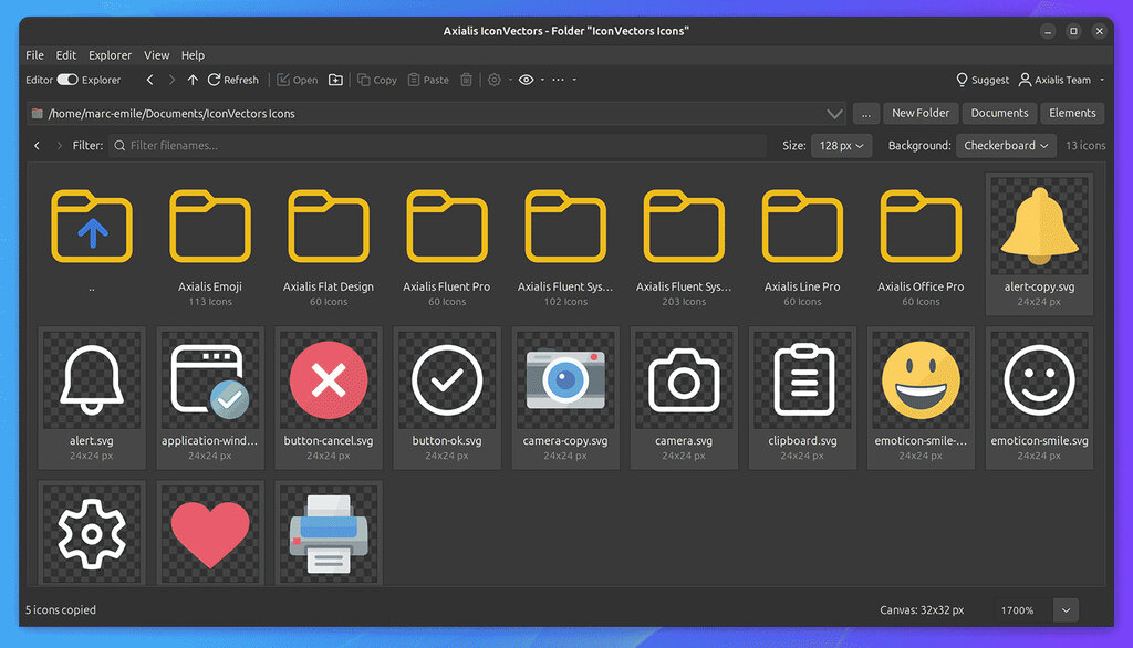 IconVectors 2.00 for Linux showing the Icon Explorer on the folder IconVectors Icons: a toolbar with the Editor/Explorer switch, Refresh, Open, New Folder, Copy and Paste, the folder address with browse, New Folder, Documents and Elements buttons, a Filter box, Size 128 px and Background Checkerboard, seven subfolders with their icon counts, and 24x24 px SVG tiles with alert-copy.svg selected