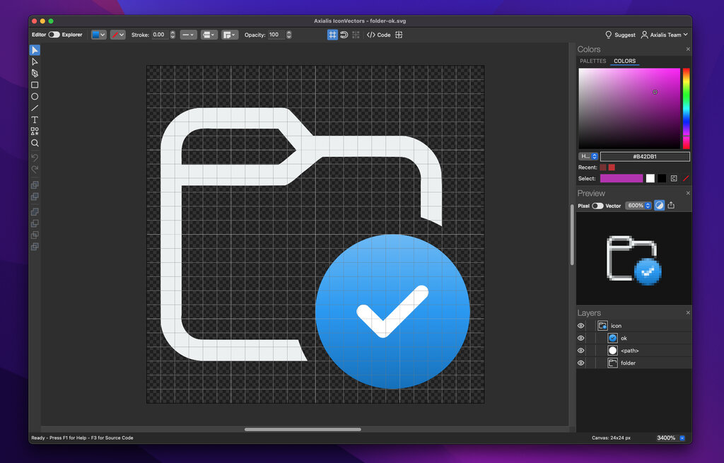 IconVectors 2.00 for macOS editing folder-ok.svg at 3400% zoom, a white folder outline with a blue check badge on a 24x24 canvas, with the Colors pane open on its COLORS page: color field, hue strip, HEX value #B42DB1, two recent swatches, and the Select row with the defined color, white, black, currentColor and none, above the Preview and Layers panes