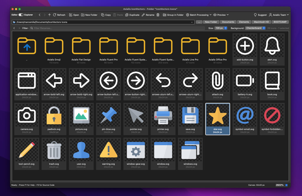 IconVectors 2.00 for macOS showing the Icon Explorer on the folder IconVectors Icons: a toolbar with the Editor/Explorer switch, Refresh, Open, New Folder, Copy, Paste, Duplicate, Rename, Group in Folder, Batch Processing and Preview, buttons for the Macintosh HD and BOOTCAMP volumes, seven subfolders with their icon counts, and 24x24 px SVG tiles at 128 px on a checkerboard with star.svg selected