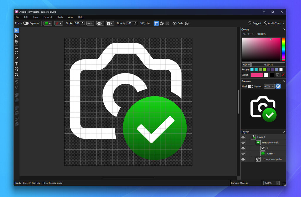 IconVectors 2.00 Editor in the dark theme: the new Editor/Explorer switch at the far left of the Control Bar, a white camera icon with a green check badge on a 24x24 canvas at 2700% zoom, and the new Colors pane on the right showing the COLORS page with its color field, hue strip, HEX value #EE3A83, and the Recent and Select rows above the Preview and Layers panes
