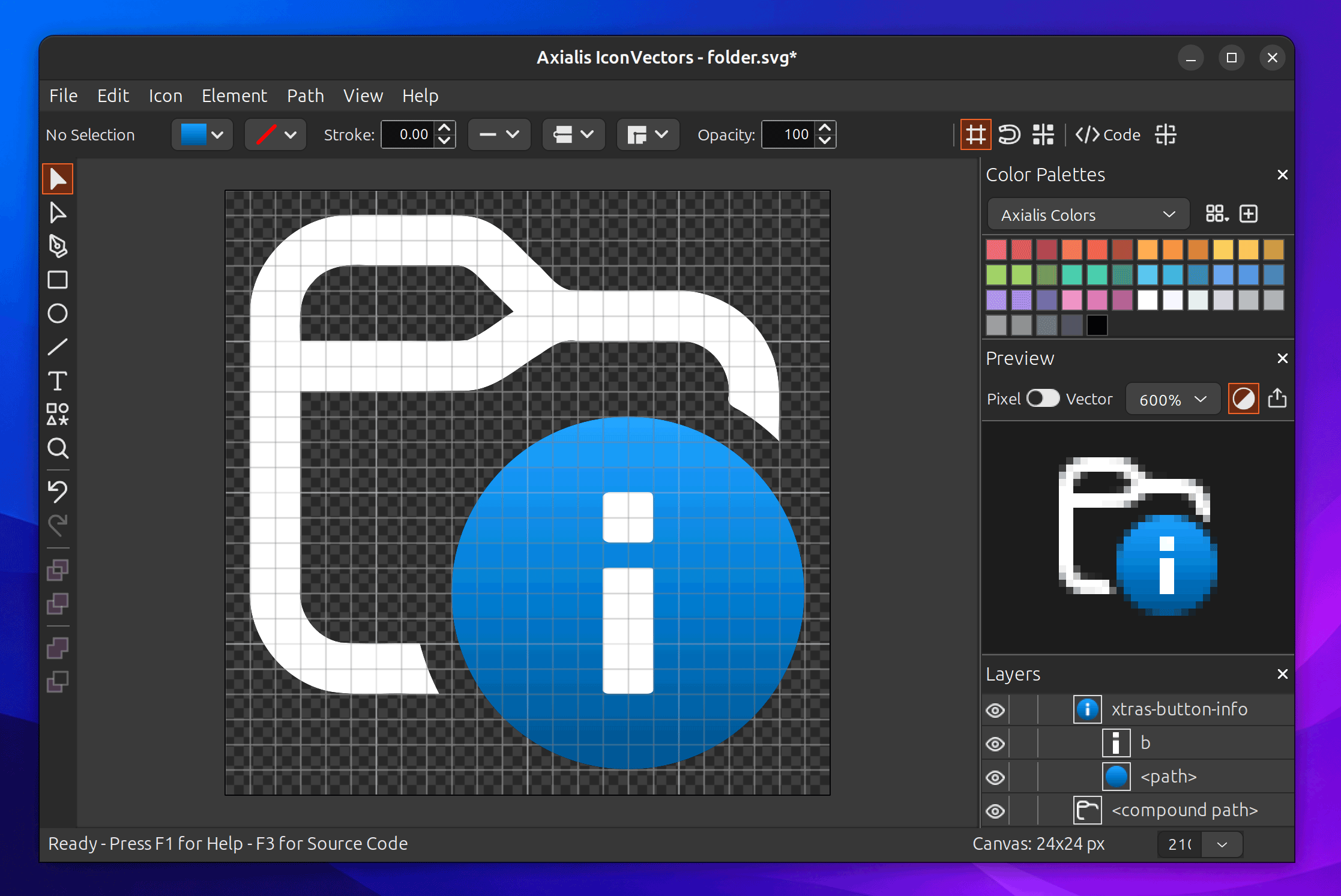 Axialis IconVectors 1.70 running on Linux, editing a folder icon with a blue info badge on the 24x24 canvas with the Layers and Color Palettes panels open