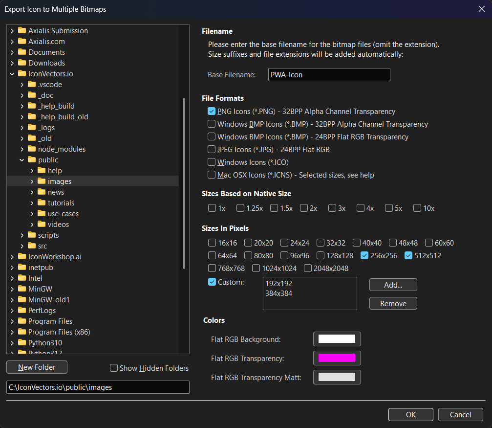 Export Icon to Multiple Bitmaps dialog in IconVectors