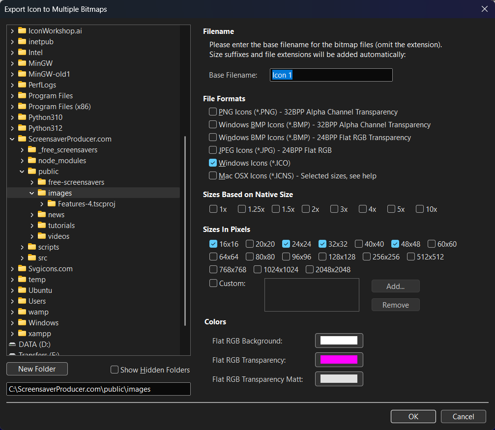 Export Icon to Multiple Bitmaps dialog in IconVectors