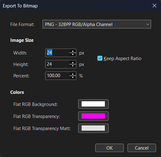 Export to Bitmap dialog in IconVectors showing PNG 32BPP with alpha selected